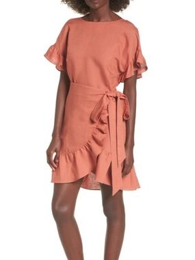 Astr Linen Ruffle Wrap Mini Dress in Terracotta